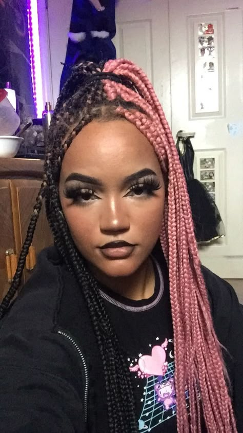 Pink Box Braids Black Women, Fun Box Braids Hairstyles, Half And Half Hair Color Braids, Creative Box Braids, Halloween Box Braids, Half And Half Braids Black Hair, Half Colored Braids, Box Braid Ideas Colored, Box Braids Half And Half Color