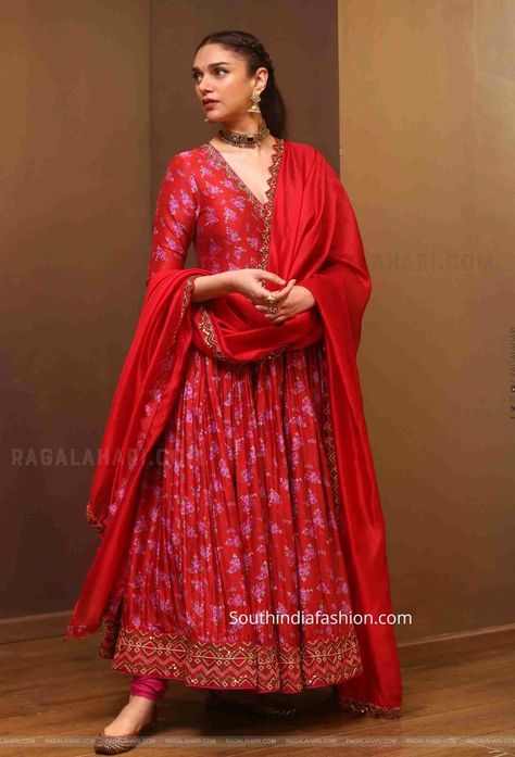 Aditi Rao Hydari in a red floral anarkali – South India Fashion Aditi Rao In Lehenga, Indian Wedding Outfits Suits, Aditi Rao Hydari Anarkali Suits, Aditi Rao Hydari Royal Look, South Indian Anarkali Dresses, Aditi Rao Hydari Style, Aditi Rao Hydari Traditional, Celebrity Suits Women Indian, Aditi Rao Hydari Indian Suits