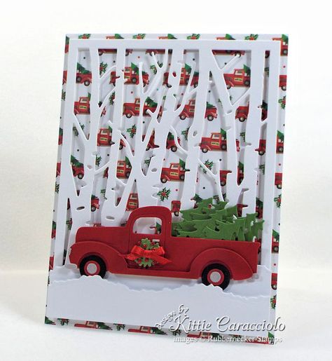 Red Truck Christmas Cards Handmade, Christmas Cards To Make With Cricut, Christmas Tree Card Ideas, Masculine Christmas Cards, Christmas Cards Cricut, Truck Cards, Cricut Christmas Cards, Winter Karten, Cards Masculine