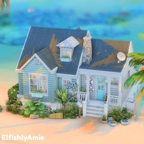 🌸Amie on Instagram: "Turquoise Tiny Beach House 🏖 👉Check out the speed build on my You Tube: https://youtu.be/fCqV9sbMigA *Link is also in bio! Here is a small beach house I started building months ago and now finally finished! This one has custom content in it though. The exterior siding ,windows and door are by Peacemaker ✌️ Build Details: 🌸 1 Bedroom, 1 Bathroom 🌸 CC: Windows, Exterior Siding and Front door are by Peacemaker 🌸Gallery Id: elfishlyamie #thesims4 #ts4 #thesims #thesims4ho Sims 4 Beach House, Small Beach House, Cute Beach House, Beach Tiny House, Beachy House, Tiny Beach House, Sims 4 Houses Layout, Small House Exterior, Small Beach Houses