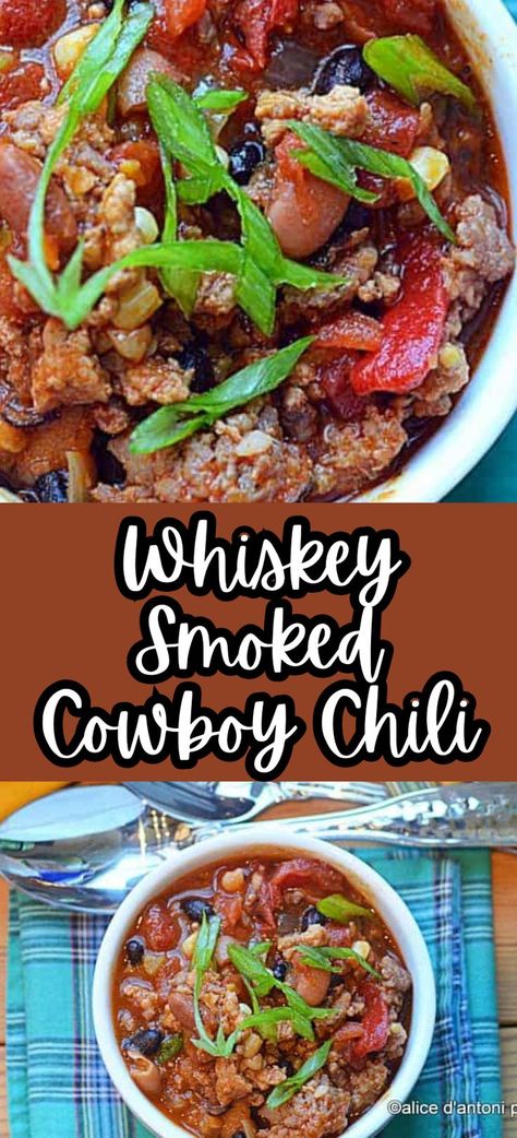 Collage of closeup overhead shot of bowlful of whiskey smoked cowboy chili at top and overhead shot of bowlful of whiskey smoked cowboy chili at bottom. Cowboy Chili Recipe, Cowboy Chili, Turkey Italian Sausage, Smoked Chili, Light Dinner Recipes, Chilli Recipes, Chili Cook Off, Out West, Best Sandwich