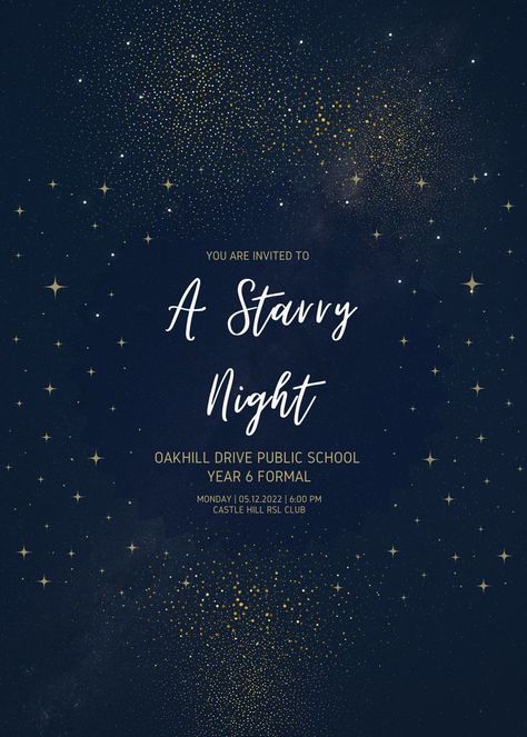 Starry Night Banquet Theme, Starry Night Prom Invitations, Stary Night Themed Party, Stary Night Party Decorations, Night Court Themed Party, Midnight Decorations, Starry Night Debut Theme, A Night To Remember Prom Theme, Space Prom Theme