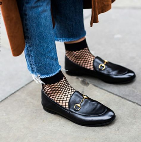 Gucci loafers … More Fishnet Socks, Loafers Outfit, Gucci Loafers, Stylish Socks, Gucci Mules, Crazy Shoes, Gucci Shoes, Mode Inspiration, Wearing Black