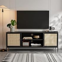 Black Tv Console, Tv Console Decor, Rattan Tv Stand, Tv Stand Decor Living Room, Rustic Tv Console, 65 Inch Tv, Farmhouse Entertainment Center, Rattan Doors, Mid Century Modern Tv Stand