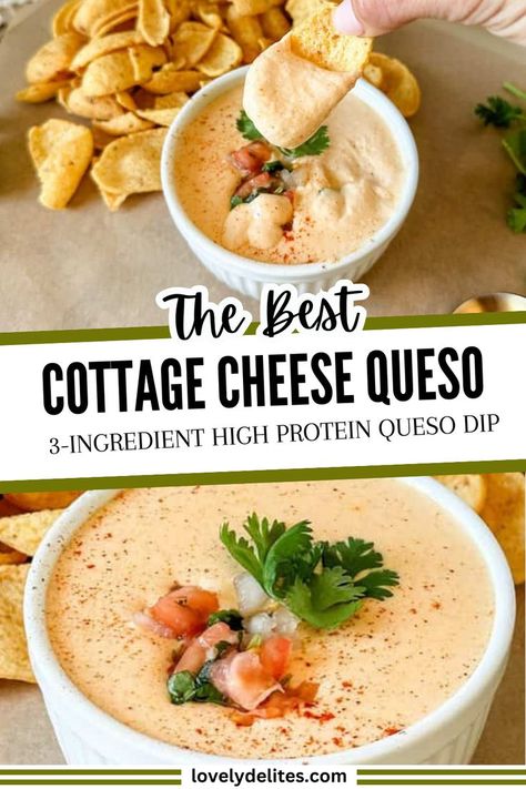 Cottage Cheese Queso offers a creamy and healthy alternative to traditional queso recipes. This recipe mixes protein-rich cottage cheese with flavorful spices and melted cheese, making it great for game day or gatherings. It's simple to prepare, using only 3 ingredients! Enjoy a guilt-free snack that still tastes great! Serve with corn chips, tortilla chips or veggies. Cottage Cheese Queso With Nutritional Yeast, Dips Using Cottage Cheese, Best Way To Eat Cottage Cheese, Smooth Cottage Cheese Recipe, Cottage Cheese Nachos, Cottage Cheese And, Cottage Cheese Queso Dip Rotel, Queso Cottage Cheese, Cottage Cheese Crockpot Recipes