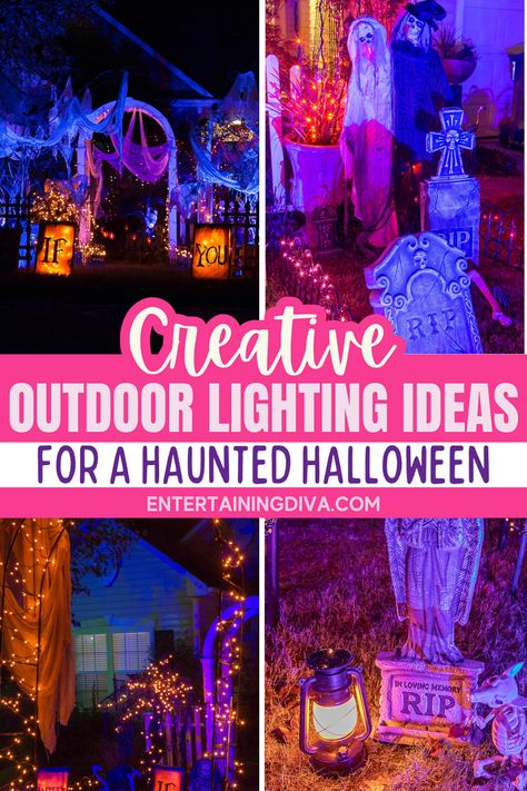 Creative Outdoor Lighting Ideas For A Haunted Halloween | Halloween Outdoor Halloween Lights On House, Outdoor Halloween Lighting Ideas, Halloween Yard Decorations Ideas, Halloween Yard Ideas, Spooky Outdoor Halloween Decorations, Front Yard Halloween, Spooky Outdoor Halloween Decor, Halloween Lighting, Halloween Lighting Outdoor