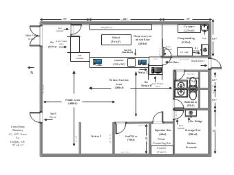 This detailed pharmacy floor plan illustrates different areas such as the patient service area, compounding room, dispensary, public area, and private counseling rooms. The layout optimizes the workflow between the front desk, dispensing, patient service, and staff areas, making it efficient for both customer service and operational requirements. This design also includes critical details like room dimensions and locations of key counters, storage, and patient consultation areas. Pharmacy Layout Plan, Pharmacy Floor Plan, Pharmacy Layout, 4 Bedroom Floor Plans, Floor Plans Open, Office Layouts, Floor Plans 4 Bedroom, Floor Plans Ranch, Design Floor Plans