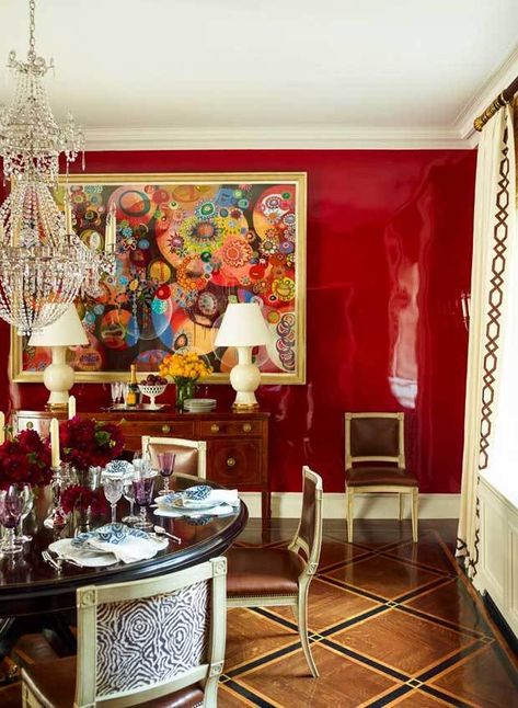 8 Gorgeous Lacquered Walls That Will Make You Want Your Own – SheKnows Ashley Whittaker, Christopher Spitzmiller, Red Dining Room, Lacquered Walls, Rooms Ideas, Attic Renovation, Attic Storage, Attic Remodel, Elegant Dining Room