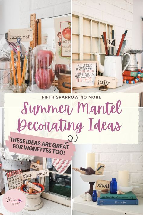 These are great ideas for beautiful summer decorating for your mantel (or is it fireplace mantle, I never know) in the months of June, July and August.    #summerdecorating #mantel #patriotic #vintagechooldecor via @5thsparrownomore August Mantle Decor, Summer Mantle, Late Summer Mantle Decor, August Decorating Ideas Home, Fireplace Decor Summer, August Decorating Ideas, Americana Mantle Decor, Mantle With Tv, Summer Mantel Decorating Ideas