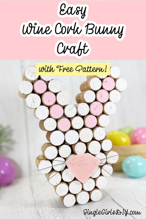 Easter bunny shape made out of wine corks with plastic eggs in background Wine Cork Easter Bunny, Easter Cork Crafts, Paint Together, Valentines Door, Door Decoration Ideas, Wine Crafts, Cork Ideas, Bunny Craft, Wine Cork Projects