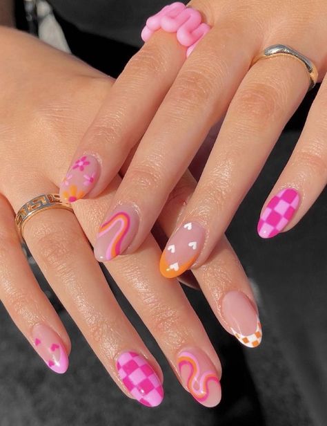 Checker Nails, Mix Match Nails, Checkered Nails, Orange Rainbow, Summer Nail Ideas, Retro Nails, Cute Simple Nails, Simple Gel Nails, Summery Nails