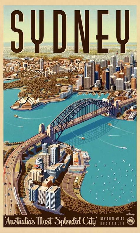 Sydney, Splendid City - Vintage Travel Poster by Vintage Portfolio How To Place Posters On Wall, Australia Poster Design, City Posters Aesthetic, Vintage City Posters, Travel Art Prints, Australia Graphic Design, Posters Aesthetic Vintage, Melbourne Poster, Channel Poster