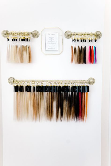 Hair Extensions Display Wall, Hair Extension Wall Ideas, Hair Extension Display Wall, Hair Extension Wall, Hair Salon Organization, Hair Extension Display Ideas, Luxe Hair Salon, Salon Organization Ideas, Salon Retail Display