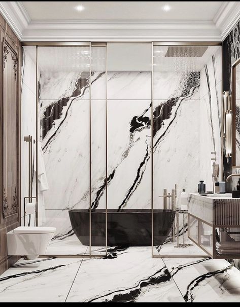 Black And White Marble Bathroom, Black Marble Bathroom, White Marble Bathrooms, Black And White Bathroom, Bronze Kitchen, Luxurious Interior Design, Bathroom Inspiration Modern, Small Bathroom Makeover, Luxury Marble