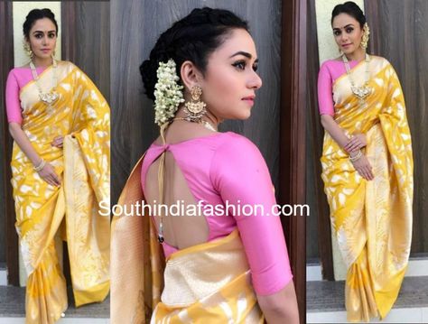 Yellow Silk Saree, Saree Combination, Amruta Khanvilkar, Crown Braids, Lichi Silk Saree, Elegant Sarees, Backless Blouse Designs, Saree Style, Yellow Soft