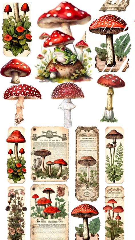 Boho Goth Decor, Vintage Mushroom Art, Alice In Wonderland Garden, Mushroom Stickers, Mushroom Clipart, Mushroom Pictures, Scrapbook Flowers, Goth Decor, Vintage Mushroom