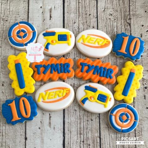 Boys Birthday Party Games, Hunter Birthday, Cookie Birthday Party, Nerf Birthday Party, Nerf Party, Decorated Cookies Tutorial, 9th Birthday Parties, Party Deco, Birthday Halloween Party