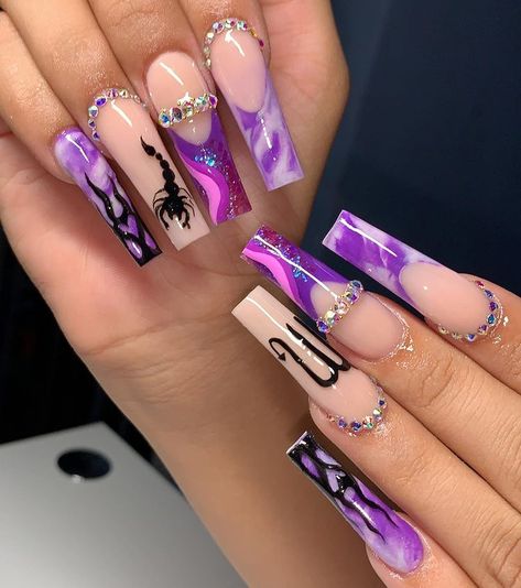 Pink N Purple Nails, Purple Grunge Nails, Birthday Nail Set Ideas Scorpio, Scorpio Zodiac Nails, Dope Nail Designs Purple, Birthday Nails Scorpio, Scorpio Birthday Nails, Scorpio Nails Designs, Purple Birthday Nails