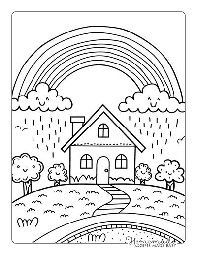 Rainbow Coloring Pages Rainbow Over House Doodle Coloring Pages Rainbow, Rainbow Coloring Pages Free Printable, Rainbow Coloring Page, Free Printable Rainbow, Kids Colouring Printables, House Coloring Pages, House Doodle, Free Kids Coloring Pages, House Colouring Pages