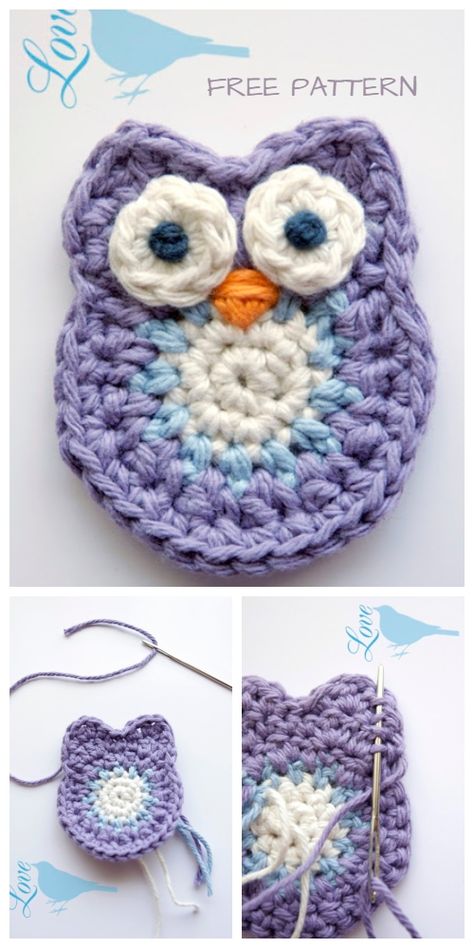 Corak Krusye, Crochet Applique Patterns Free, Owl Applique, Crochet Owls, Owl Crochet Patterns, Kids Hat, Pola Amigurumi, Crochet Owl, Owl Patterns