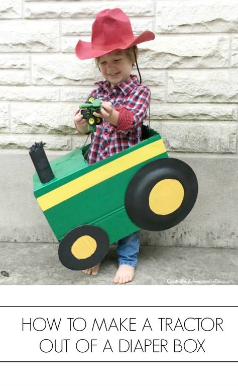 DIY Tractor costume for a toddler Cardboard Tractor, Tractor Costume, Farm Costumes, Tractor Crafts, Farmer Family, Cardboard Costume, Tractors For Kids, Tractor Birthday Party, Box Costumes