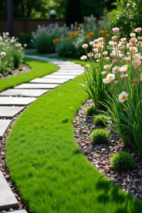 Pathway through a lush garden bordered by vibrant daisies and ornamental grass. Garden Edge Ideas, Garden Edges And Borders, Rock Borders, Garden Border Ideas, Concrete Curbing, Flower Bed Edging, Flower Borders, Rock Border, Metal Edging