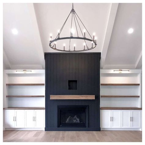 Black Vertical Shiplap, Vertical Shiplap Fireplace, Coastal Modern Living Room, Vertical Shiplap, Black Fireplace, Shiplap Fireplace, Natural Wood Flooring, White Fireplace, Farmhouse Fireplace