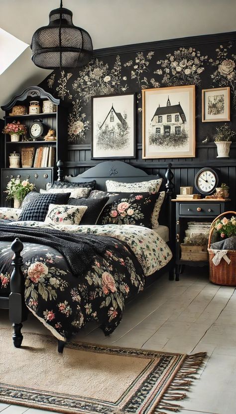 Black House Aesthetic Interior, Small Moody Bedroom, Cozy Goth Bedroom, Cozy Black Bedroom, Gothic Bedroom Aesthetic, Goth Farmhouse, Gothic Bedroom Ideas, Black Bedroom Ideas, Moody Bedroom Ideas