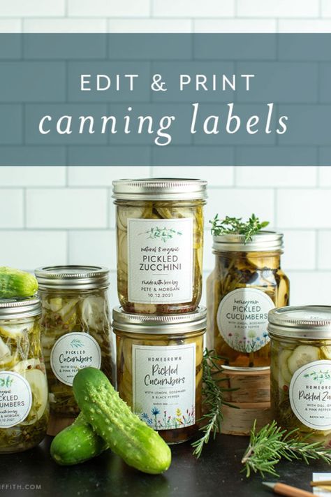 Easily update these printable label templates to match what you're canning! Canning Label Ideas, Cricut Canning Jar Labels, Pickle Jar Label Design, Mason Jar Labels Printable Free, Canning Packaging, Can Label Design, Preserves Labels, Herbal Salt, Canning Gifts