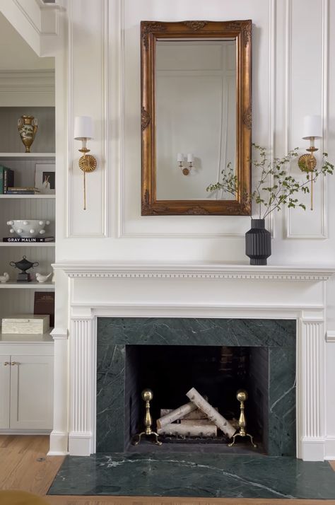 Fireplace Wall Moulding Ideas, Picture Molding Above Fireplace, Moulding Over Fireplace, Fireplace Molding Trim, Living Room Big Fireplace, Picture Molding Fireplace, Original Fireplace Ideas, Fireplace Granite Surround, Traditional Gas Fireplace Ideas