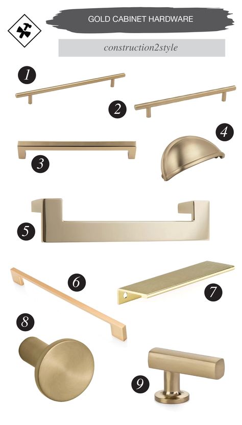 Brushed Gold Kitchen Hardware, Cabinet Hardware Trends, Bathroom Cabinet Hardware, Gold Kitchen Hardware, Gold Cabinet Hardware, Gold Cabinet Pulls, Best Kitchen Design, Gold Cabinet, Cabinetry Hardware