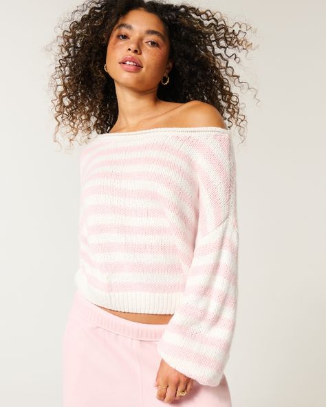 Cozy and super soft, this sweater features an off-the-shoulder neckline with a pretty passementerie detail. Long sleeves, ribbed trims, slouchy silhouette. Easy Fit. Off Shoulder Knit Sweater, Off The Shoulder Jumper, Off The Shoulder Sweater, Fall Fit, So Adorable, Pink Stripes, Shoulder Sweater, Basic Tees, Pink Sweater