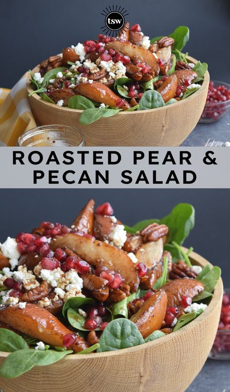 Easy to prep ahead, this spinach salad filled with sweet roasted pears, mellow pecans, tangy goat cheese, crunchy pomegranates with a simple homemade balsamic dressing is a perfect holiday side dish or a tasty fall dinner. #healthy #dressing #recipes #goatcheese #fall #balsamic #pecans #roasted Pear Side Dish, Dressing For Pear Salad, Pear Salad With Candied Pecans, Pear Salad With Walnuts And Feta, Poached Pear Salad, Roasted Pears, Roasted Pear Salad, Homemade Balsamic Dressing, Balsamic Vinaigrette Salad