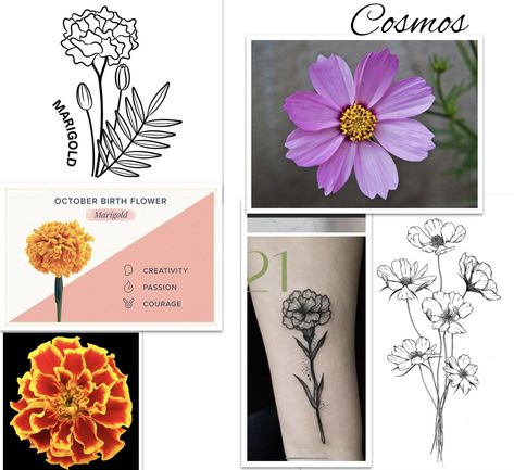 Cosmos And Marigold Tattoo, Flower Wrap Around Tattoo, Marigold And Cosmos, Birth Tattoo, Marigold Tattoo, Wrap Around Tattoo, October Birth Flowers, Marigold Flower, How To Wrap Flowers