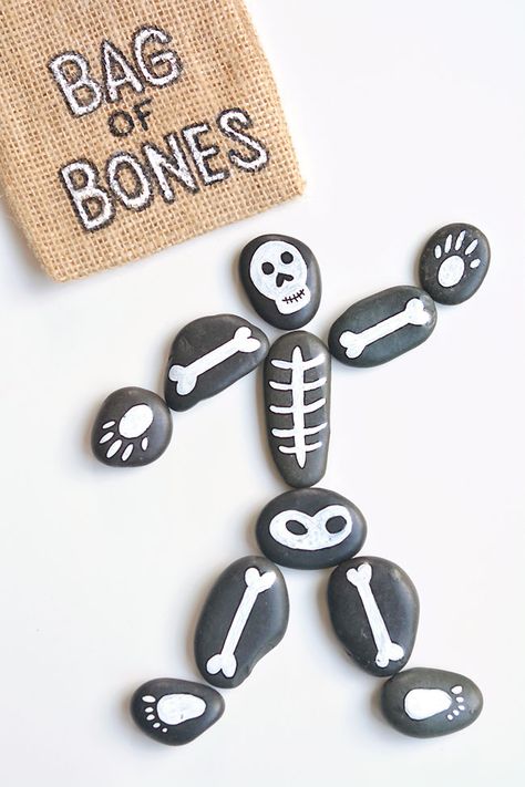 Bag Of Bones Halloween Ideas, Funny Bones Eyfs, Halloween Craft Ideas For Adults, Halloween Painted Rocks, Skeleton Craft, Bag Of Bones, Diy Pumpkins Crafts, Kids Halloween Food, Unicorn Pumpkin