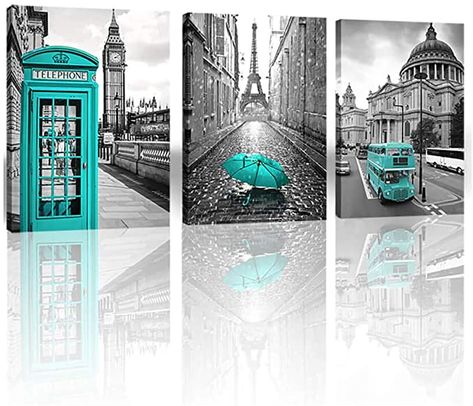 London Room, White Art Painting, Bedroom Black And White, Europe Buildings, Paris Ideas, Picture Wall Bedroom, London Big Ben, Teal Wall Art, Apartment Wall Decor