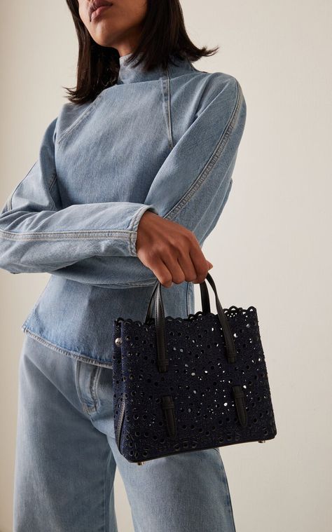 Azzedine Alaia, Handle Bag, Denim Top, Moda Operandi, Leather Trims, Sustainable Fashion, Top Handle, The Fashion, Laser Cut