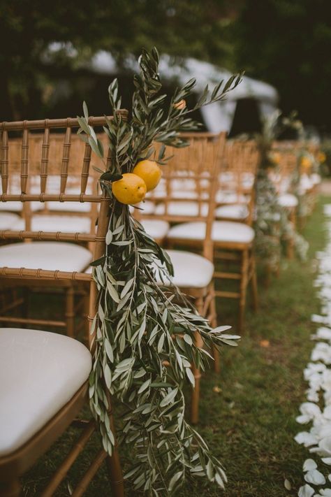 Lemon Tree Wedding Decor, Italian Wedding Aisle, Olive And Lemon Wedding Decor, Country Wedding Isles Decoration, Olive Branches Table Decor, Olive Foliage Wedding, Olive Branches Decor, Lemon Wedding Flowers, Olive Branch Wedding Table