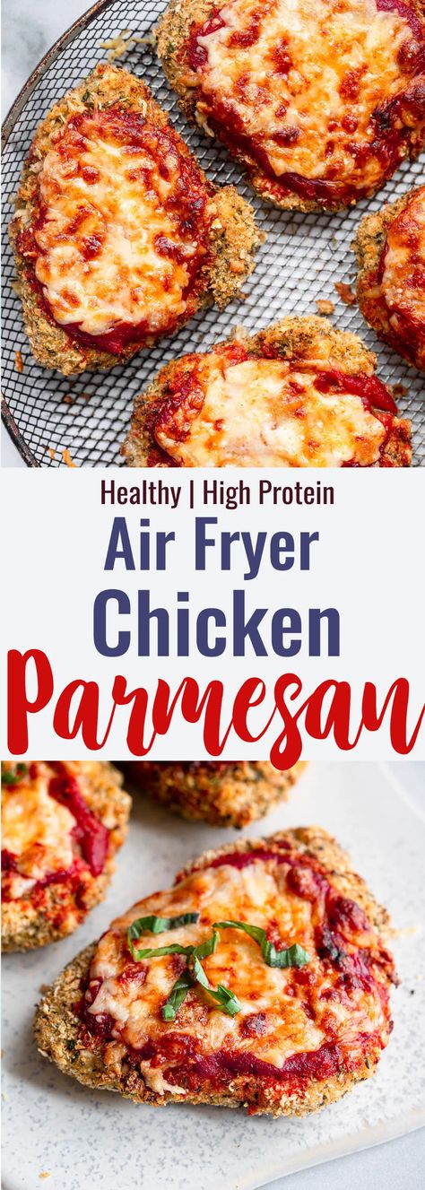 Air Fryer Chicken Parmesan - This Air Fryer Chicken Parmesan is just as crispy without the deep frying! Healthy, high protein and has a gluten free option! Great for the whole family! | #Foodfaithfitness | #glutenfree #healthyrecipe #airfryer #chickenrecipe Chicken Parmesan Recipe Healthy, Air Fryer Chicken Parmesan, Chicken Parmesan Recipe Easy, Potato Chip Recipes, Healthy Chicken Parmesan, Baked Chicken Nuggets, Breaded Chicken Breast, Parmesan Recipes, Photo Food