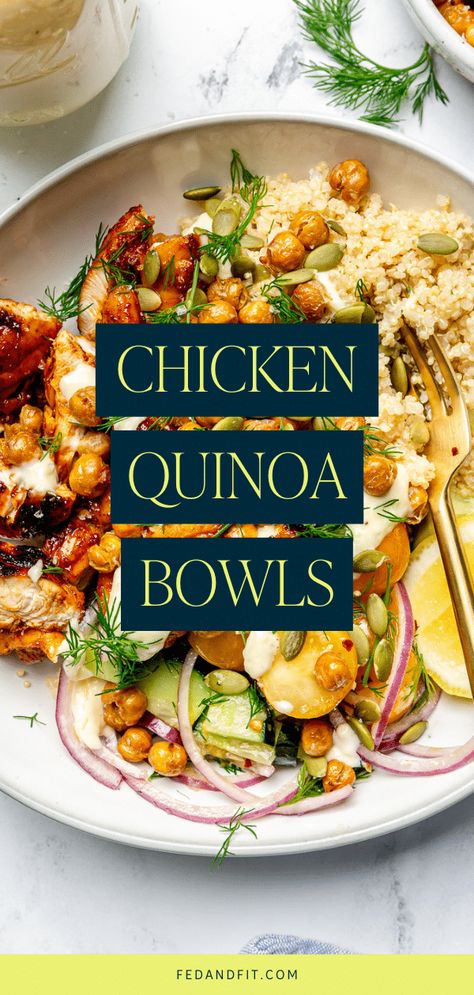 Layered with fluffy quinoa, spicy honey chipotle chicken, crispy chickpeas, crunchy pumpkin seeds, and silky, delicious homemade garlic aioli, this chicken quinoa bowl is truly one of the best meals I've made in a long time! Chicken Quinoa Recipes, Chicken Quinoa Bowl, Fluffy Quinoa, Chicken Entree, Honey Chipotle Chicken, Chicken Chickpea, Chicken Bowl Recipe, Crunchy Chickpeas, Chicken Crispy