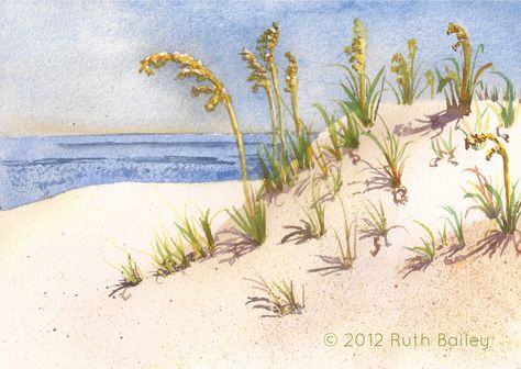 27 of 120 Paintings – Sand Dunes and Sea Oats – Ruth Bailey, artist Dunes Illustration, Beach Dunes, Florida Keys Beaches, Sea Oats, Sea Drawing, Leopard Watercolor, Beach Art Painting, Watercolor Sunset, Beach Watercolor