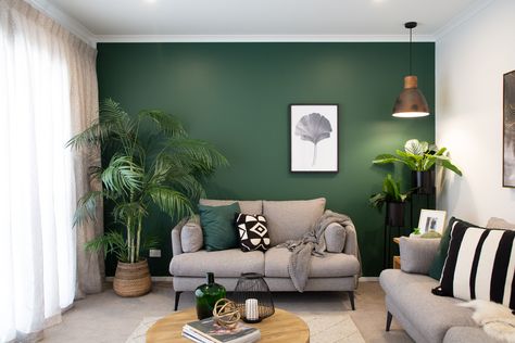 Green And Grey Walls Living Rooms, Green Leaving Room, One Green Wall Living Room, Green Statement Wall Living Rooms, Pine Green Living Room, One Wall Painted Living Room, Living Room Designs Green Walls, Green Rustic Living Room, Dark Green Wall Living Room