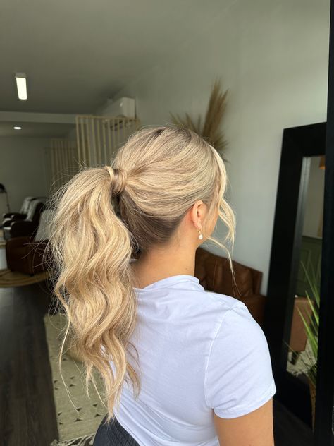 The bride's hair for her rehearsal dinner the night before her big day❤️ Sleek Ponytail Bridal Hair, Fancy Updo Ponytail, Messy Fancy Ponytail, Hoco Ponytails High, Elegant Prom Ponytail, High Pony For Prom, Curled Hair In A Ponytail, Prom Hairstyles For Long Hair Ponytail Up Dos, Curled Ponytail Wedding Hair