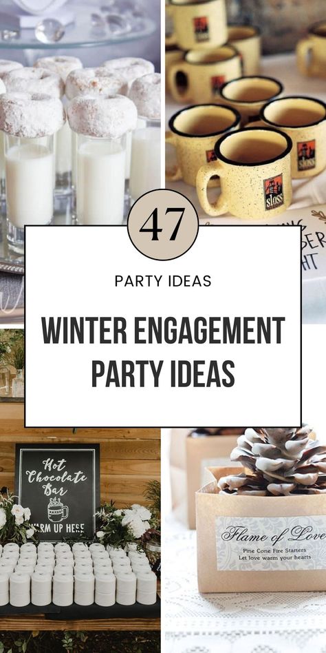 Plan the perfect winter engagement party with these ideas! From simple decorations to frosty themes, get inspired for your January or Christmas party. Whether it’s rustic or glamorous, you'll find all the decor and theme tips you need. Save this pin for more winter engagement inspiration! Christmas Themed Engagement Party Ideas, Blue Theme Engagement Party, Winter Themed Rehearsal Dinner, Winter Themed Bridal Shower Decor, Hosting Engagement Party At Home, Cozy Winter Party Ideas, January Wedding Shower Ideas, Winter Couples Shower Ideas, Ideas For Engagement Party At Home