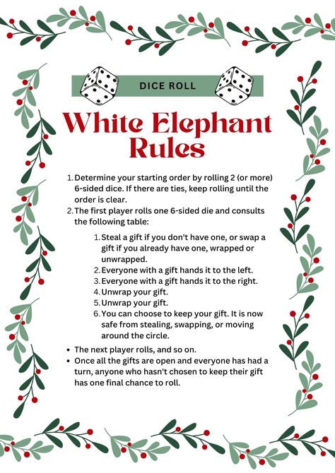 White Elephant Rules for Gift-Giving Fun [Printables] - FUN.com Blog White Elephant Rules Printable, White Elephant Aesthetic, White Elephant Game Rules Printable, White Elephant Story Game Funny, White Elephant Rules Christmas, Christmas Gift Exchange Rules, White Elephant Game Rules, White Elephant Gift Exchange Rules, White Elephant Games