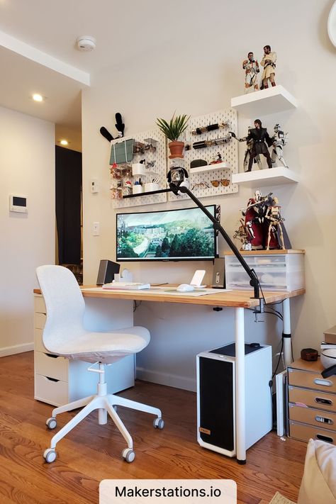 Japandi WFH Desk Setup Japandi Office Design, Ikea Workspace, Minimalism Scandinavian, Ikea Home Office, Rooftop Apartment, Scandinavian Desk, Japandi Interiors, Ikea Desk, Japanese Minimalism