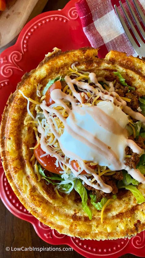 Keto Taco Salad Recipe, Keto Taco Salad Bowl, Taco Chaffle Recipe Keto, Keto Waffle Bowl Maker Recipes, Keto Chaffle Bowls, Low Carb Taco Bowl, Easy Keto Waffles, Keto Taco Bowl, Waffle Bowl Recipe