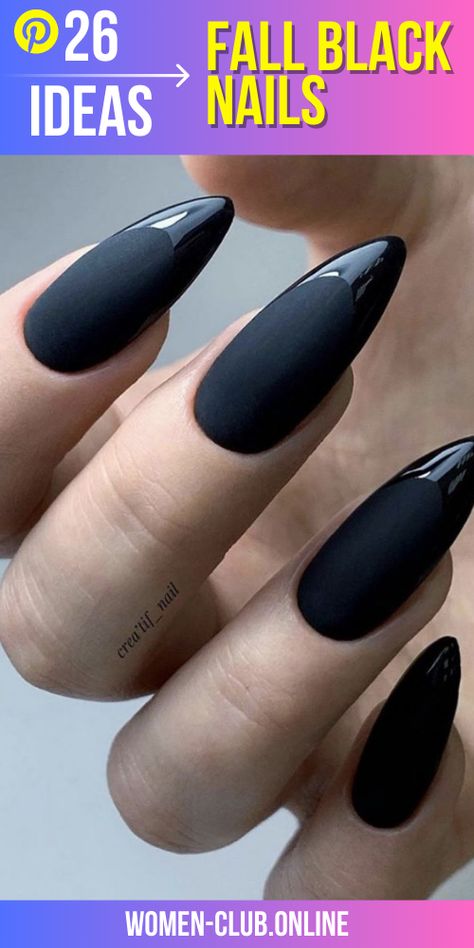 Black And White Nails 2023, Matte And Shiny Black Nails, Dark Almond Acrylic Nails, Black Almond Nails Designs Simple, Black Nails White Tips, Fall Nail Designs Autumn Classy Almond, Dark Fall Nails Designs, Black Nails With Silver Glitter, Black And White Almond Nails