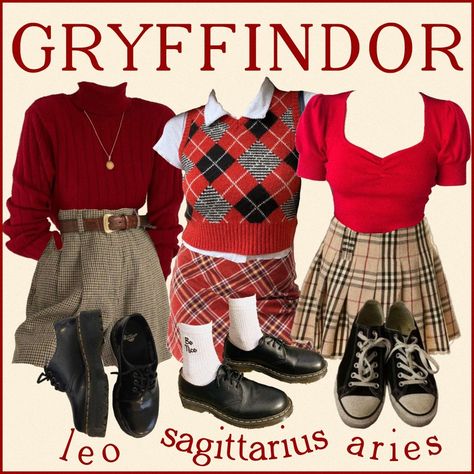 Harry Potter Clothes Gryffindor, Harry Potter Lookbook, Red Academia Aesthetic Outfits, Griffindor Outfits Aesthetic, Harry Potter Gryffindor Outfits, Harry Potter Outfit Ideas Gryffindor, Gryffindor Outfit Ideas, Gryffindor Lookbook, Red Academia Outfit