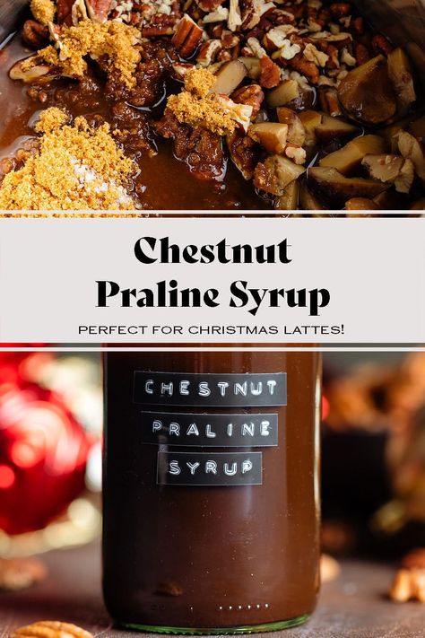 Chestnut Praline Syrup Homemade Holiday Coffee Syrup, Homemade Christmas Coffee Syrup, Maple Pecan Coffee Syrup, Pecan Praline Syrup Recipe, Fall Syrup For Coffee, Christmas Coffee Syrup Recipe, Winter Coffee Syrup, Chestnut Praline Syrup Recipe, Coffee Syrups Recipes